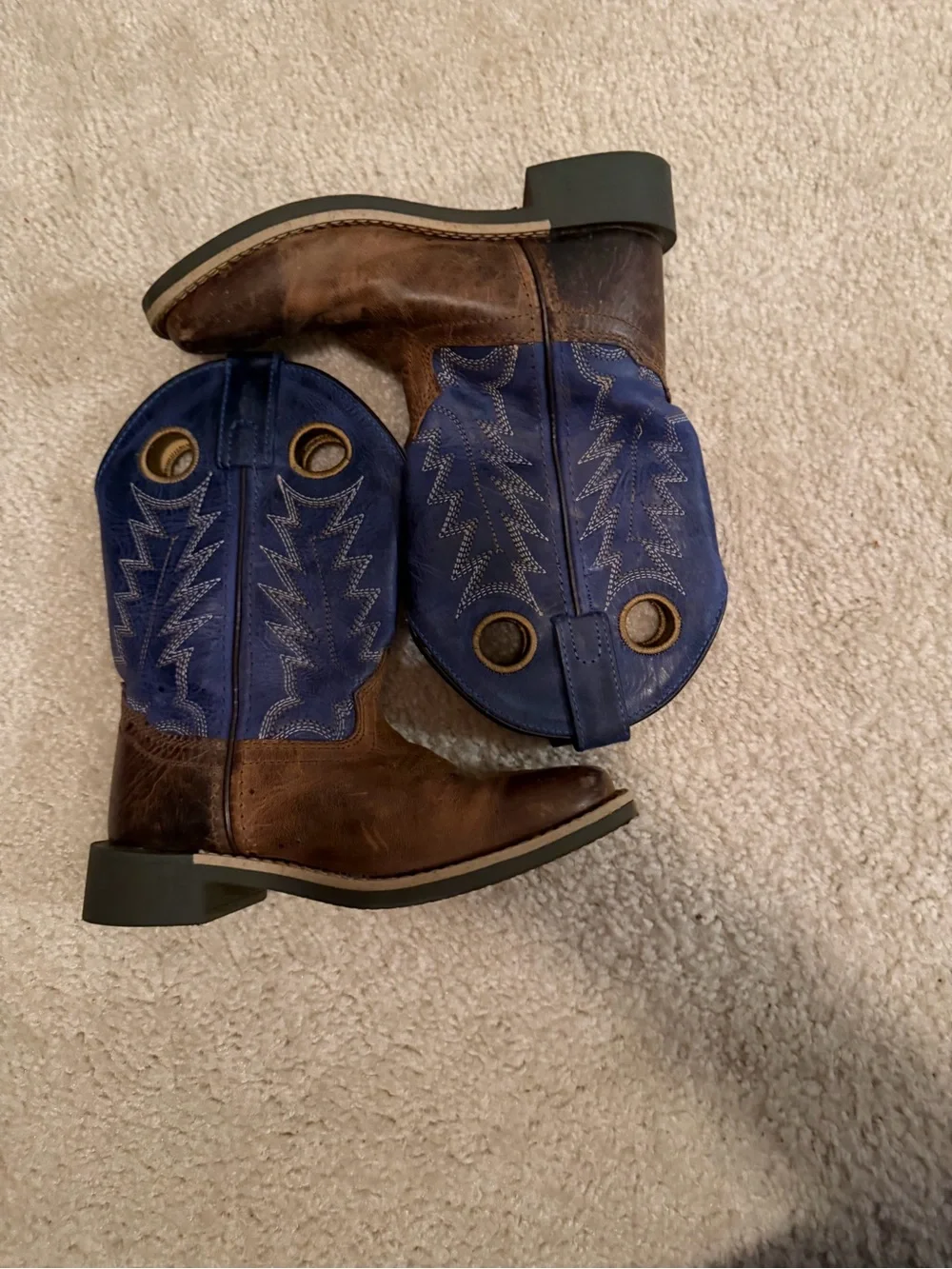 Kids Brown Leather & Blue Pull-On Western Boots
